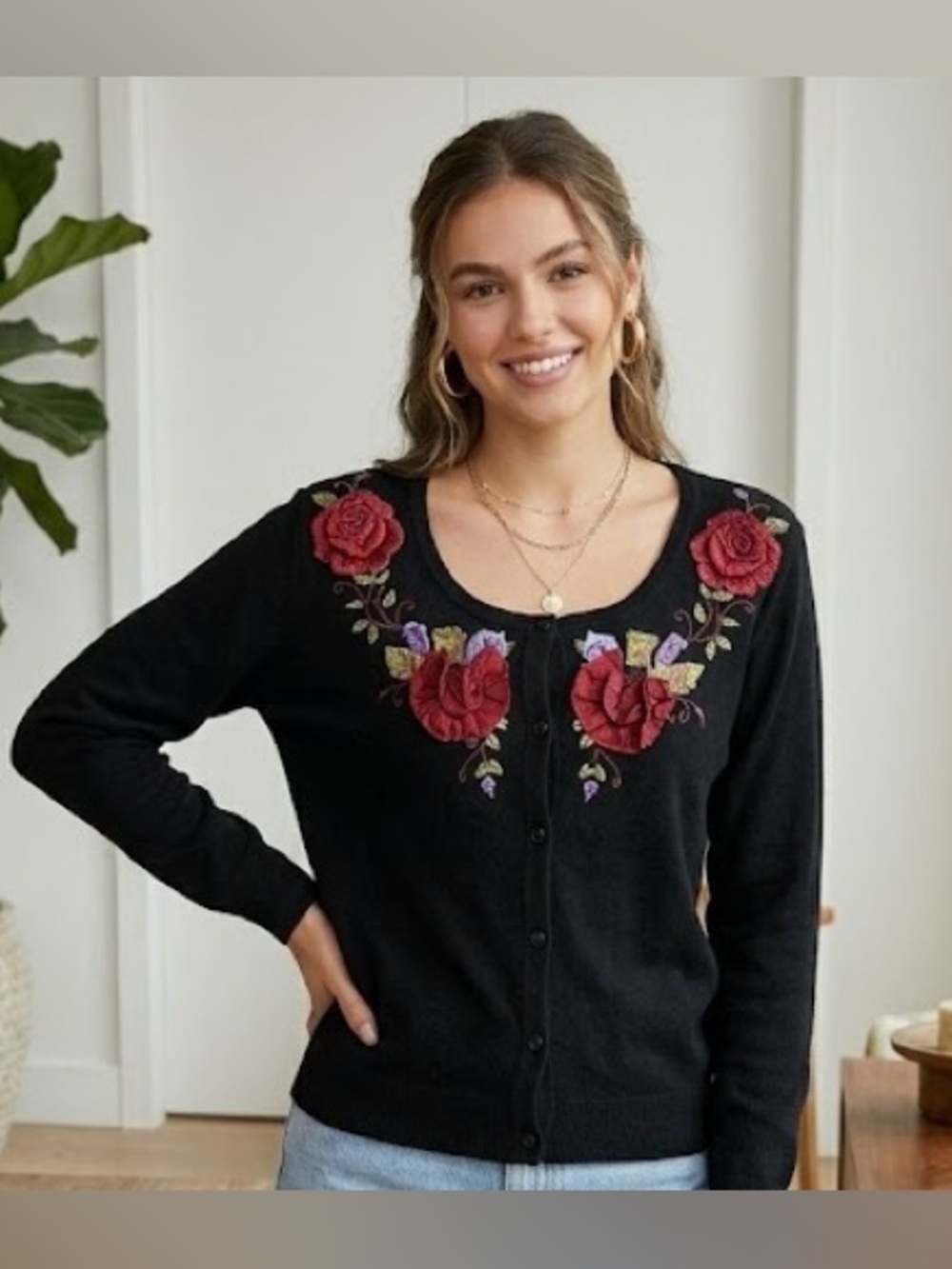 Vintage Maurice Sasson Cardigan silk flowers Flowers button cardigan